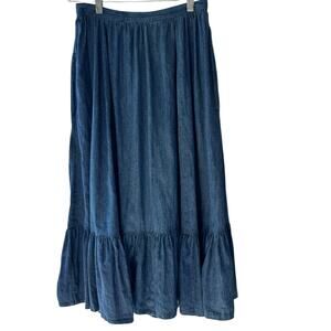 Vintage 80s BIS Skirt Womens XS Blue Denim Ruffle Tier Prairie Full Midi Pockets